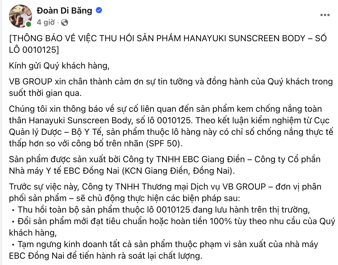 Đoàn Di Băng nhận là “bên thiệt hại” sau vụ thu hồi kem chống nắng- Ảnh 1.